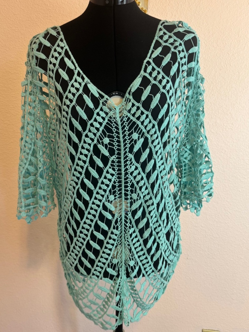 Boho Vintage Crochet Whimsical Festival Open Knit Top S/M Mint Green
